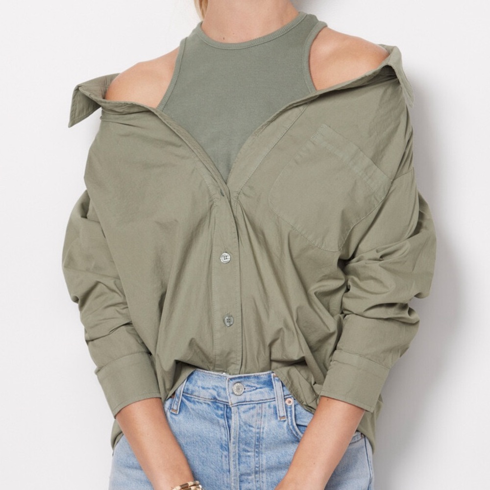 Monrow Olive Green Off-Shoulder Button Shirt & Tank Set